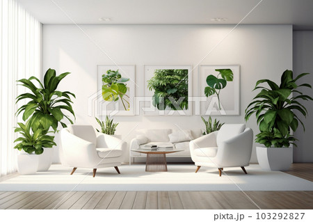スタイリッシュおしゃれな観葉植物とソファのあるリビング 103292827