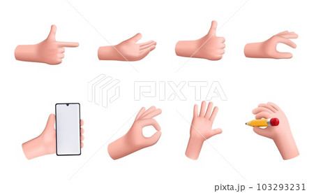 3d hands. Realistic cartoon gestures, fingers, creative and funny fist, hold smartphone and pencil, thumb up and palm, minimal human render, pastel skin. 3d isolated vector illustration 3d hands. Realistic cartoon gestures, fingers, creative and funny fist, hold smartphone and pencil, thumb up and palm, minimal human render, pastel skin. 3d isolated vector illustration 103293231