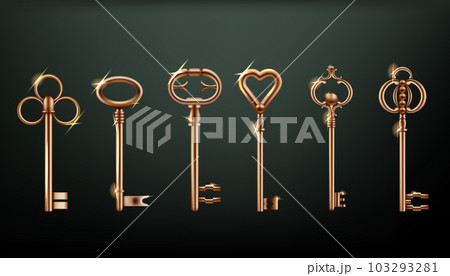 Gold keys. Old golden lock for vintage or antique classic home door with luxury medieval metal ornate different forms. Creative luxury metallic 3d isolated decorative vector real isolated set 103293281