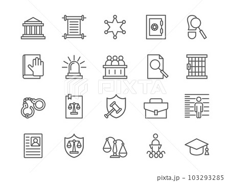 Legal line symbols. Court and government system. Attorney and judge. Security shield icons. Arrested in handcuffs. Law or justice authority. Lattice jail. Vector outline pictograms set 103293285