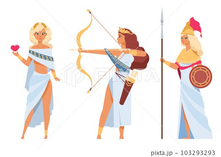 Cartoon Greek gods. Ancient goddesses. Artemis with arrows and bow. Athena holding spear and shield. Beautiful Aphrodite. Deity of love. Mythical divinities. Divine women vector set Cartoon Greek gods. Ancient goddesses. Artemis with arrows and bow. Athena holding spear and shield. Beautiful Aphrodite. Deity of love. Mythical divinities. Divine women vector set 103293293