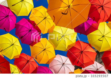 Colorful Umbrellas Hanging As Street Decoration And Sun Protection In The City Of Bordeaux, France 103293507