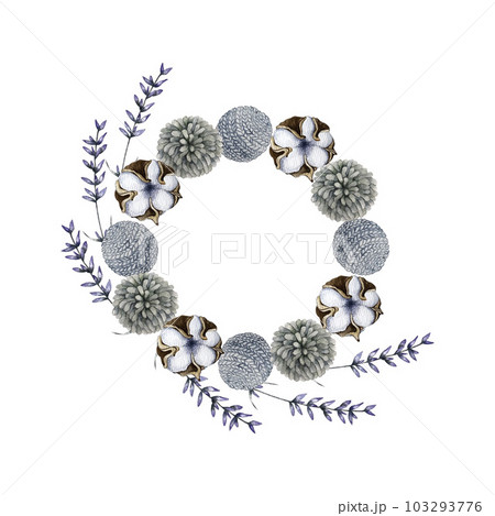 Cotton, pompom and knitted ball wreath. Watercolor illustration 103293776