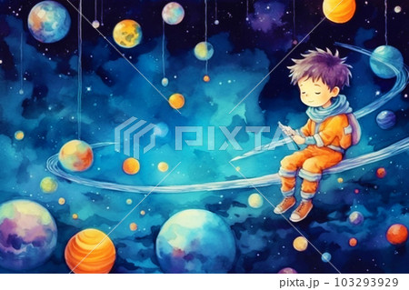 a little boy in outer space travels between the big planets. an illustration of a book or a postcard. place for text. Generative AI. a little boy in outer space travels between the big planets. an illustration of a book or a postcard. place for text. Generative AI. 103293929