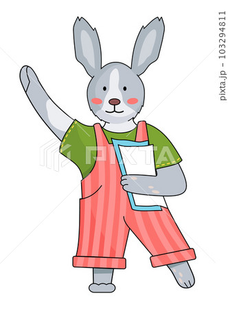 Cute cartoon bunny waving hand, rabbit wearing striped overalls with green t-shirt, holding papers Cute cartoon bunny waving hand, rabbit wearing striped overalls with green t-shirt, holding papers 103294811