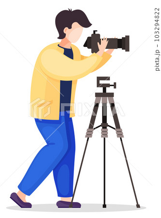 Photographer is taking picture. Photographer character web icon with camera and professional tripod Photographer is taking picture. Photographer character web icon with camera and professional tripod 103294822