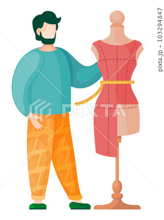 Dress on a mannequin with measuring tape and man seamstress measuring the dress on the mannequin Dress on a mannequin with measuring tape and man seamstress measuring the dress on the mannequin 103294847
