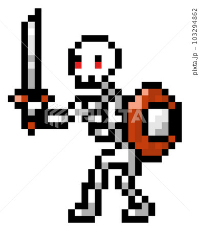 Vector pixel character. Illustration of pixel skeleton with shield and sword isolated on white 103294862