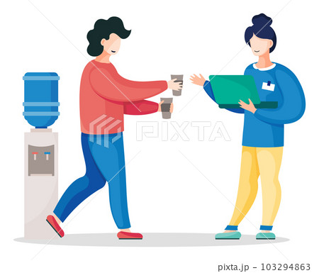 Man holding two paper cups with hot or cold drink, ma give glass to colleague woman with papers 103294863