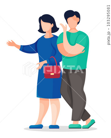 Faceless cartoon characters isolated at white background, young guy and girl wear dress talking Faceless cartoon characters isolated at white background, young guy and girl wear dress talking 103295081