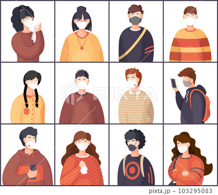 Wearing face medical masks, viral pandemia. Covid-19, portrait of people in respiratory medical mask Wearing face medical masks, viral pandemia. Covid-19, portrait of people in respiratory medical mask 103295083