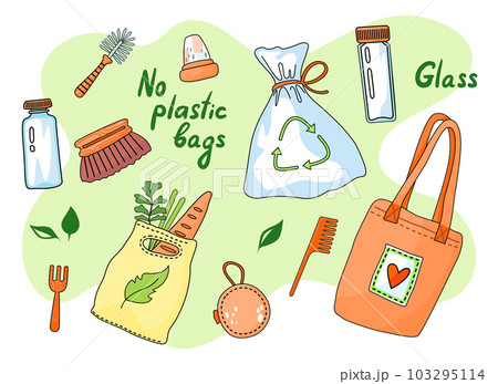 Set of eco friendly items, wood brush, dish, plastic free bag, cotton, natural care, organic concept 103295114