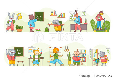 Collection of funny cartoon animals students or pupils studying. Smart animal writing, reading books 103295123