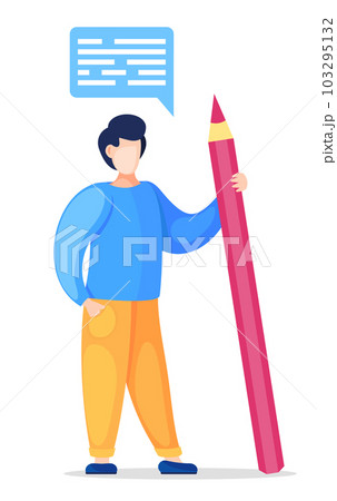 Vector cartoon character, man with huge pencil talking, dialogue cloud with text, isolated at white Vector cartoon character, man with huge pencil talking, dialogue cloud with text, isolated at white 103295132