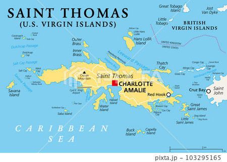 Saint Thomas, United States Virgin Islands, political map. One of the three largest islands of the USVI. The territorial capital and port of Charlotte Amalie is located on this island. Vector. Saint Thomas, United States Virgin Islands, political map. One of the three largest islands of the USVI. The territorial capital and port of Charlotte Amalie is located on this island. Vector. 103295165
