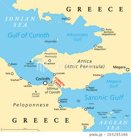 Corinth Canal, artificial waterway in Greece, political map. Connects Gulf of Corinth (Ionian Sea) with Saronic Gulf (Aegean Sea), cuts through Isthmus of Corinth, separates Peloponnese from Attica. Corinth Canal, artificial waterway in Greece, political map. Connects Gulf of Corinth (Ionian Sea) with Saronic Gulf (Aegean Sea), cuts through Isthmus of Corinth, separates Peloponnese from Attica. 103295166