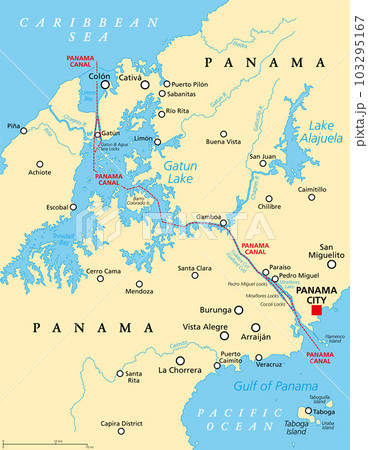 Panama Canal, political map. Artificial waterway in Panama, connecting the Atlantic Ocean (Caribbean Sea) with Pacific Ocean, cutting across the Isthmus of Panama, reducing the travel time for ships. Panama Canal, political map. Artificial waterway in Panama, connecting the Atlantic Ocean (Caribbean Sea) with Pacific Ocean, cutting across the Isthmus of Panama, reducing the travel time for ships. 103295167