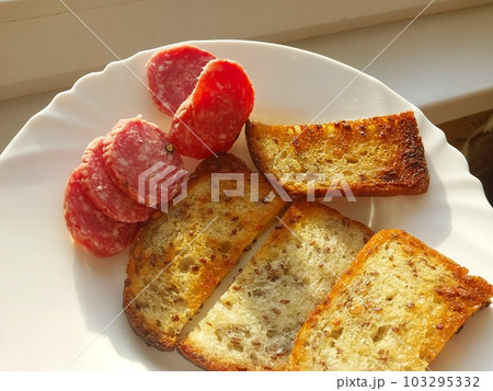 Fried croutons with sausage on a plate Fried croutons with sausage on a plate 103295332