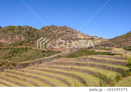 Nice view of the Pisac ruins in Cusco. Nice view of the Pisac ruins in Cusco. 103295575
