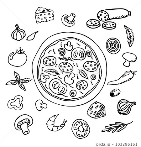 pizza set, round pizza with ingredients doodle hand drawn in cartoon style, comic isolated on white background.  103296161