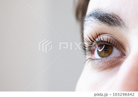 Close-up of a woman's eye after an eyelash lamination procedure. Close-up of a woman's eye after an eyelash lamination procedure. 103296842