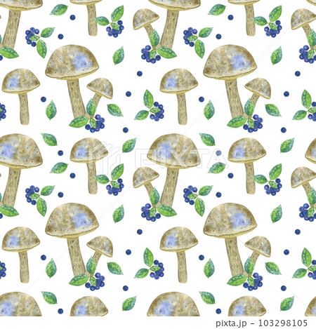 Seamless pattern boletus edible forest mushroom, chokeberry. Botanical drawing. Hand-drawn watercolor illustration isolated on white background. For card, poster 103298105