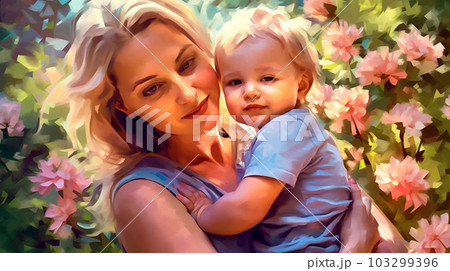 Painted image of a young mother holding her son in her arms, parenthood, mother's day, Generated AI 103299396