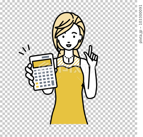 立って電卓を持ってこちらに向けて見せているドレスの女性 103300091
