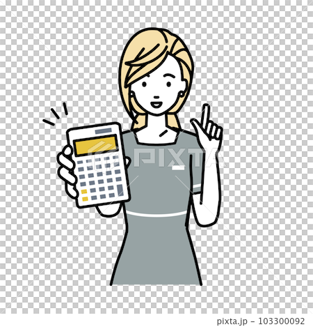 立って電卓を持ってこちらに向けて見せているエステ店員・受付・接客係の女性 立って電卓を持ってこちらに向けて見せているエステ店員・受付・接客係の女性 103300092