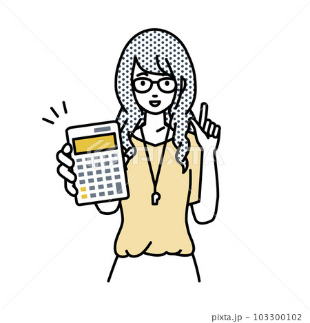立って電卓を持ってこちらに向けて見せている教師の女性 立って電卓を持ってこちらに向けて見せている教師の女性 103300102