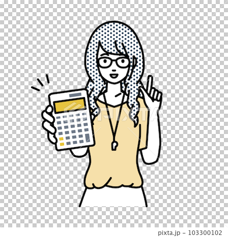 立って電卓を持ってこちらに向けて見せている教師の女性 立って電卓を持ってこちらに向けて見せている教師の女性 103300102