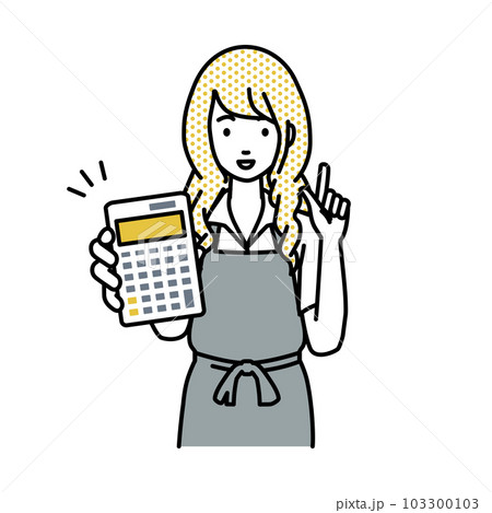 立って電卓を持ってこちらに向けて見せているエプロンをした店員の女性 103300103