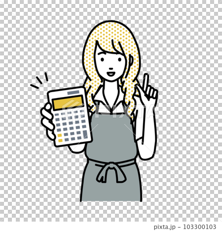 立って電卓を持ってこちらに向けて見せているエプロンをした店員の女性 103300103