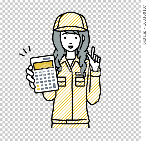立って電卓を持ってこちらに向けて見せている作業員の女性 103300107