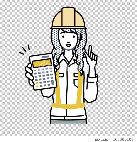 立って電卓を持ってこちらに向けて見せている工事現場の女性 立って電卓を持ってこちらに向けて見せている工事現場の女性 103300109