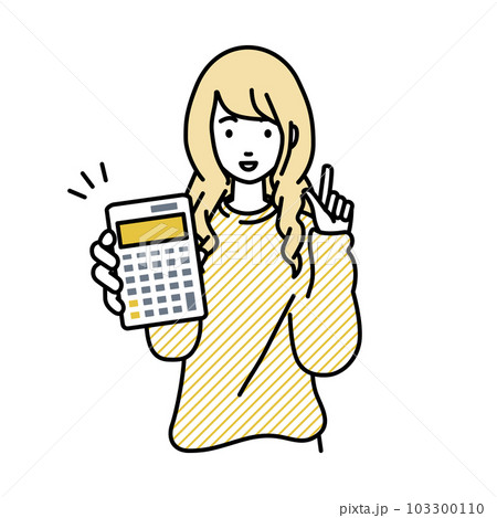 立って電卓を持ってこちらに向けて見せているスウェットの女性 立って電卓を持ってこちらに向けて見せているスウェットの女性 103300110