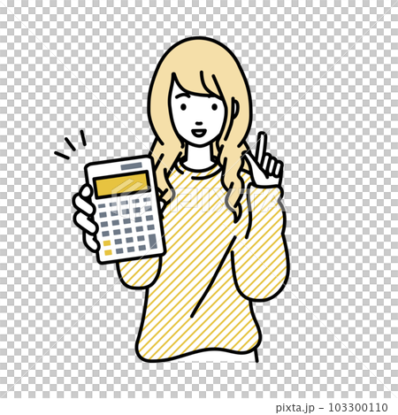 立って電卓を持ってこちらに向けて見せているスウェットの女性 立って電卓を持ってこちらに向けて見せているスウェットの女性 103300110