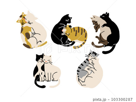 戯れ合う猫のイラストセット 二匹の猫がお互いを信頼しスキンシップし 
