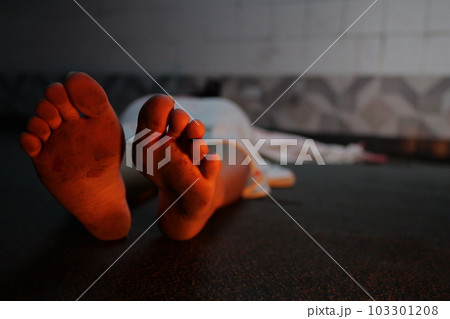 Scary woman in white dress with bloodstain after murder, Halloween concept 103301208