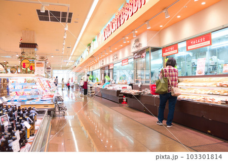 5月・家族でスーパーマーケットに買い物へ、物価上昇で食料品が値上がりのため節約する主婦 103301814