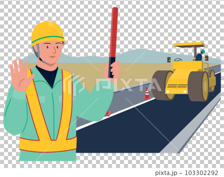 土木建設工事の現場で交通誘導棒を持つ土木作業員男性のベクターイラスト 103302292