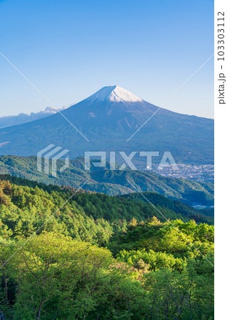 【山梨県】新緑の御坂道から初夏に雪化粧した富士山 103303112