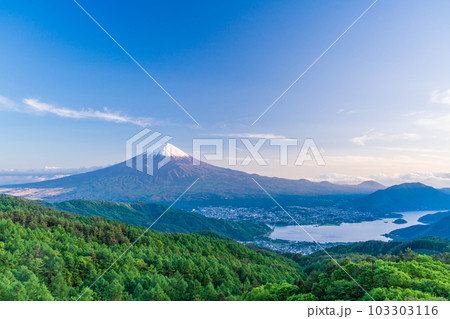 【山梨県】新緑の御坂道から初夏に雪化粧した富士山 【山梨県】新緑の御坂道から初夏に雪化粧した富士山 103303116