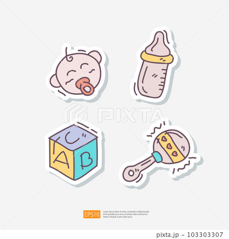Baby and Kids Toys Sticker Doodle Icon Set. Newborn, Milk Bottle, Alphabet Box, Maracas. Baby Care Items Vector Illustration Baby and Kids Toys Sticker Doodle Icon Set. Newborn, Milk Bottle, Alphabet Box, Maracas. Baby Care Items Vector Illustration 103303307