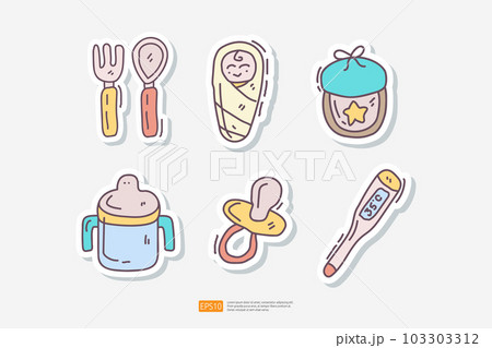 Baby Food Tableware Doodle Sticker Set. Plastic Fork and Spoon, Thermometer, Milk Bottle. Baby Care Items Vector Illustration Baby Food Tableware Doodle Sticker Set. Plastic Fork and Spoon, Thermometer, Milk Bottle. Baby Care Items Vector Illustration 103303312