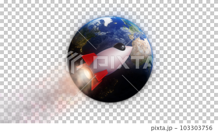 3D Render Rocket Jet And Big Blue Earth Planet Background On Galaxy Space Star Field 3D Illustration 103303756