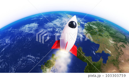 3D Render Rocket Jet Fly into Galaxy Space Star Field And Close Up Big Earth Planet 3D Illustration Background 103303759