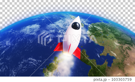 3D Render Rocket Jet Fly into Galaxy Space Star Field And Close Up Big Earth Planet 3D Illustration Background 103303759