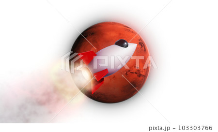 3D Render Space Traveler Rocket Jet Fly And Big Red Mars Planet Background On Galaxy Space Star Field 3D Illustration 103303766