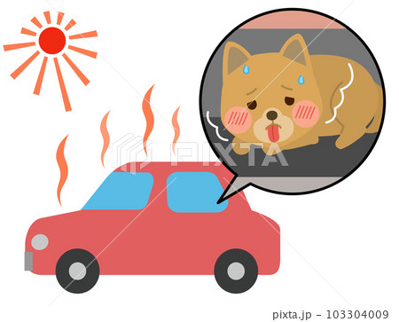 車内置き去り　熱中症の症状があるペットの犬　イラスト 103304009